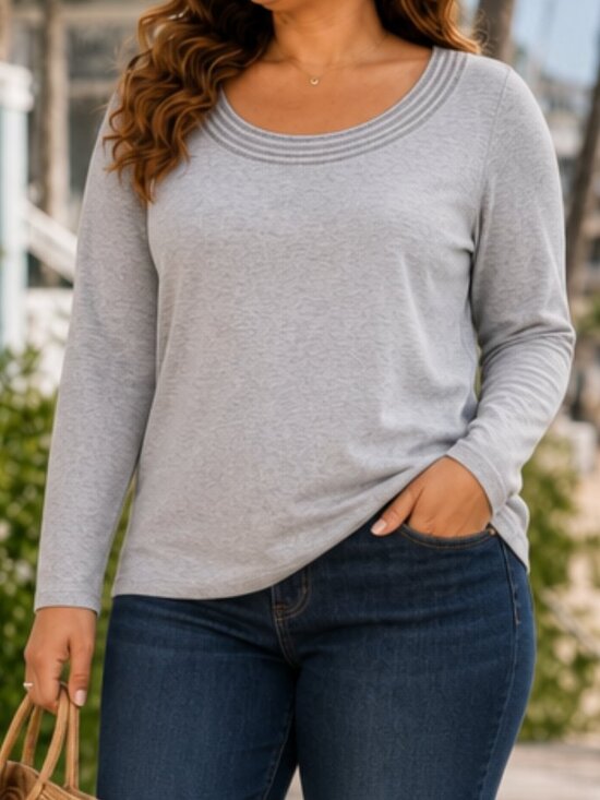 Sundance Tops - Sundance Casual Basic Neutral Cotton Large Crochet Neck Long Sleeve Gray